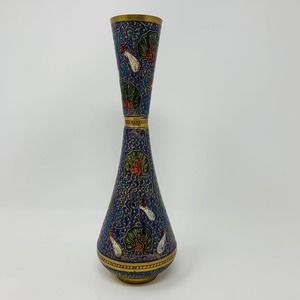 Vase Decorated With Peacock Foliate And Floral Brass 10"